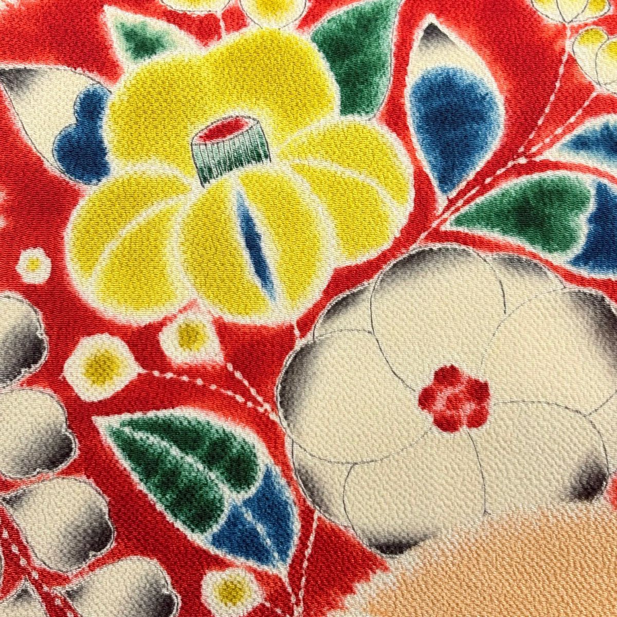 【美品】名古屋帶 秀品級 草花紋紋 縮緬 橙色 純蠶絲