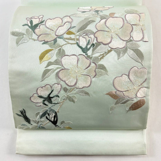 袋帶 秀品級 枝花 刺繡 淺綠 お太鼓圖案 純蠶絲