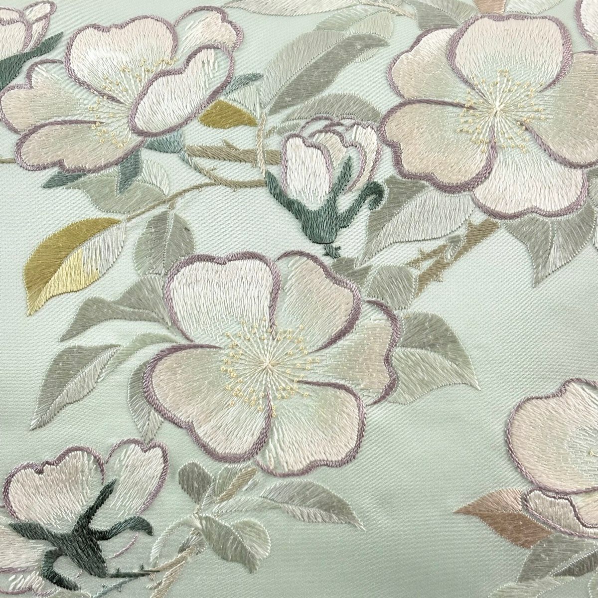 袋帶 秀品級 枝花 刺繡 淺綠 お太鼓圖案 純蠶絲