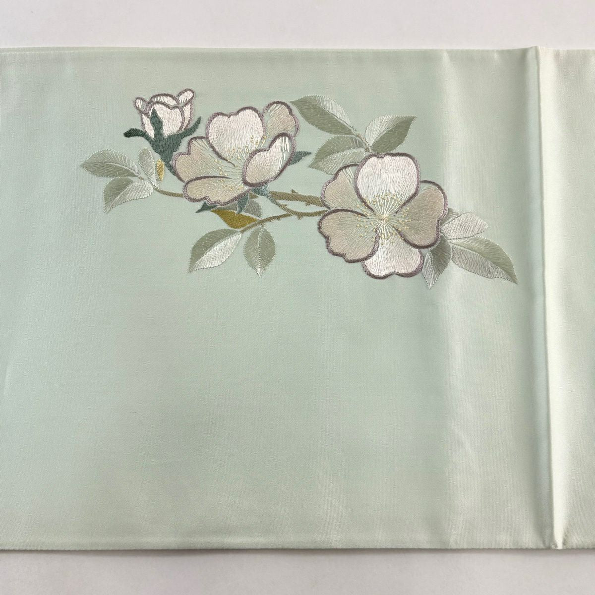 袋帶 秀品級 枝花 刺繡 淺綠 お太鼓圖案 純蠶絲