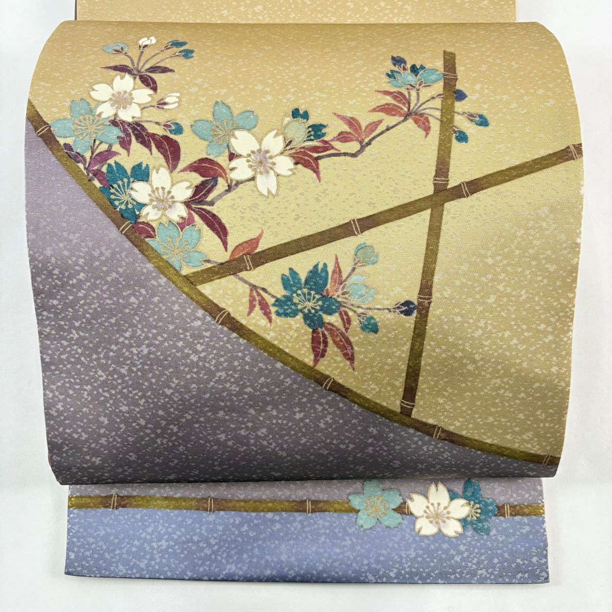 【美品】 袋帶 秀品級 二代目清次郎 落款あり 樱花 金銀彩 金金箔 紫色 お太鼓柄 純蠶絲