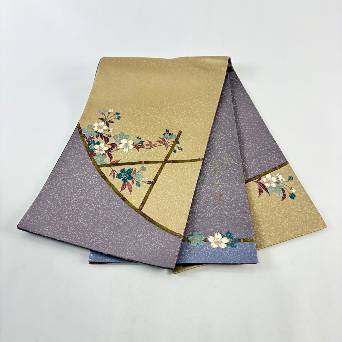 【美品】 袋帶 秀品級 二代目清次郎 落款あり 樱花 金銀彩 金金箔 紫色 お太鼓柄 純蠶絲
