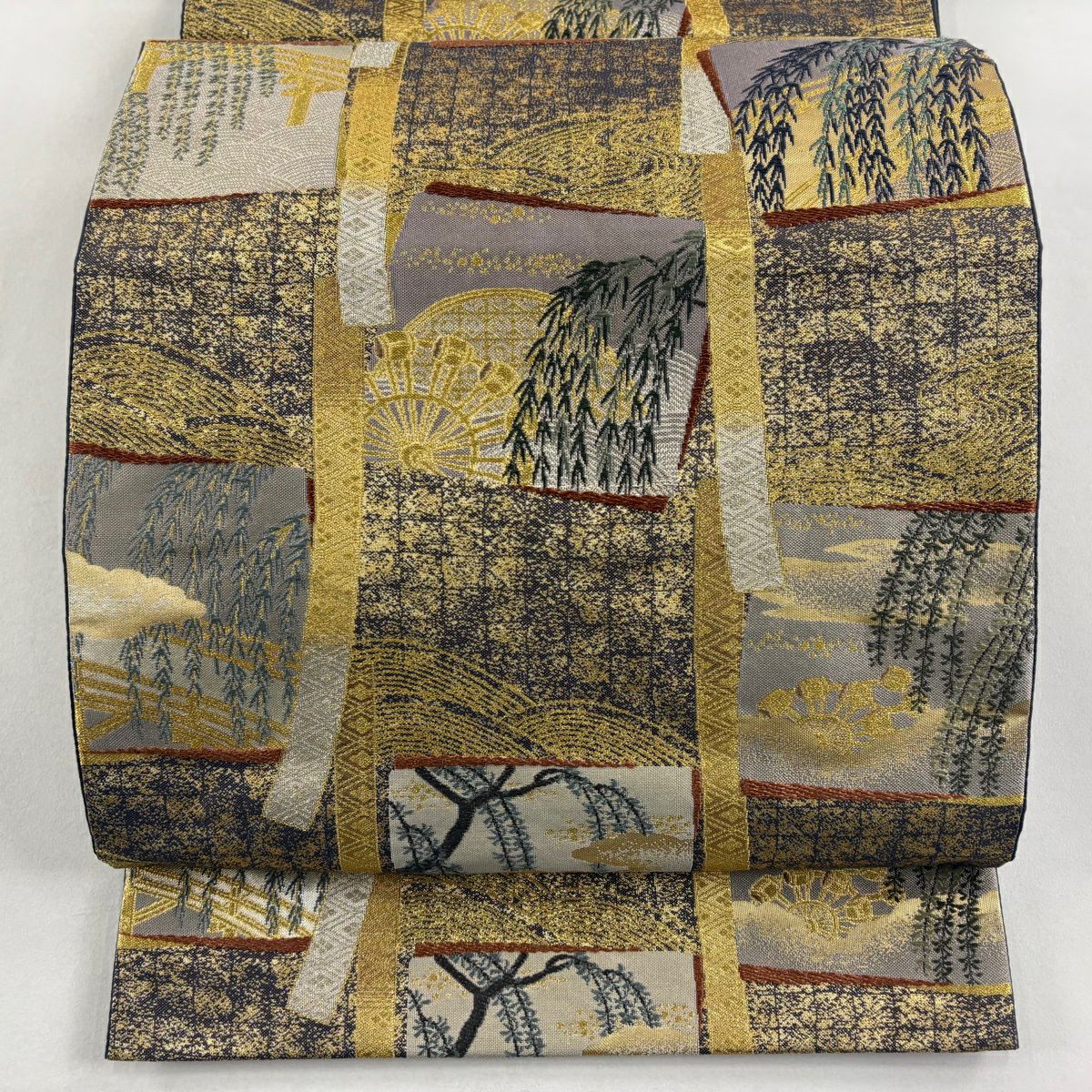 袋帶 秀品級 柳 流水 金絲 金金箔 灰紫 六通 純蠶絲
