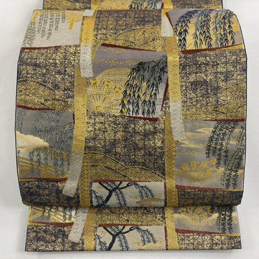 袋帶 秀品級 柳 流水 金絲 金金箔 灰紫 六通 純蠶絲