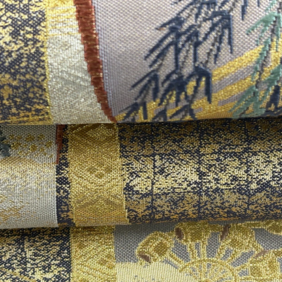 袋帶 秀品級 柳 流水 金絲 金金箔 灰紫 六通 純蠶絲