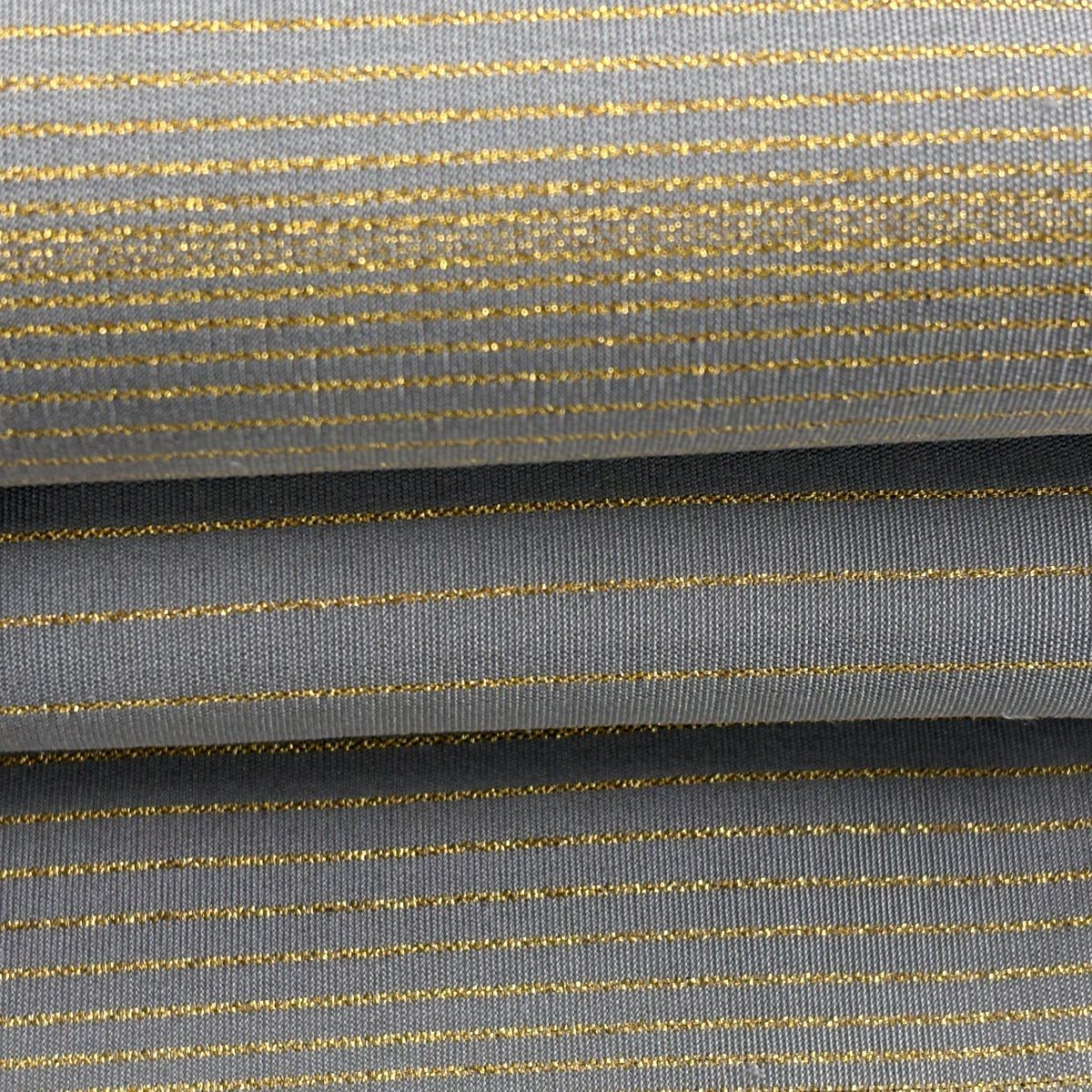 【美品】 袋帶 秀品級 縞 金糸 青灰 全通 純蠶絲