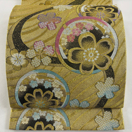 【美品】 袋帶 優品級 振袖禮服禮服用 櫻花 流水 金絲 金金箔 金色 六通 純蠶絲