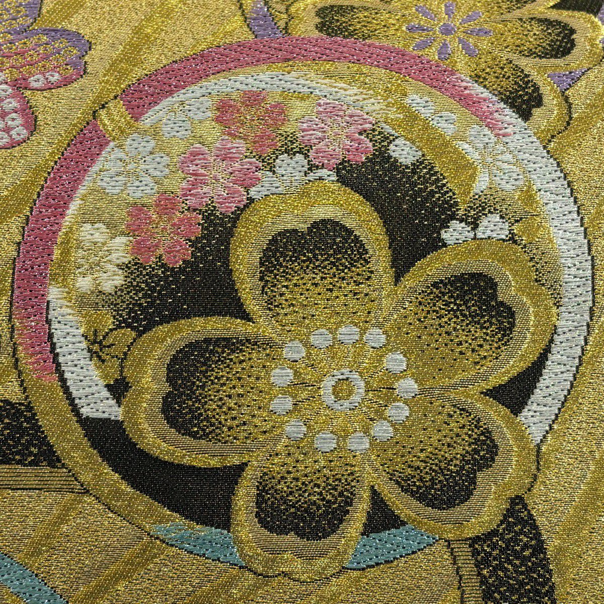 【美品】 袋帶 優品級 振袖禮服禮服用 櫻花 流水 金絲 金金箔 金色 六通 純蠶絲