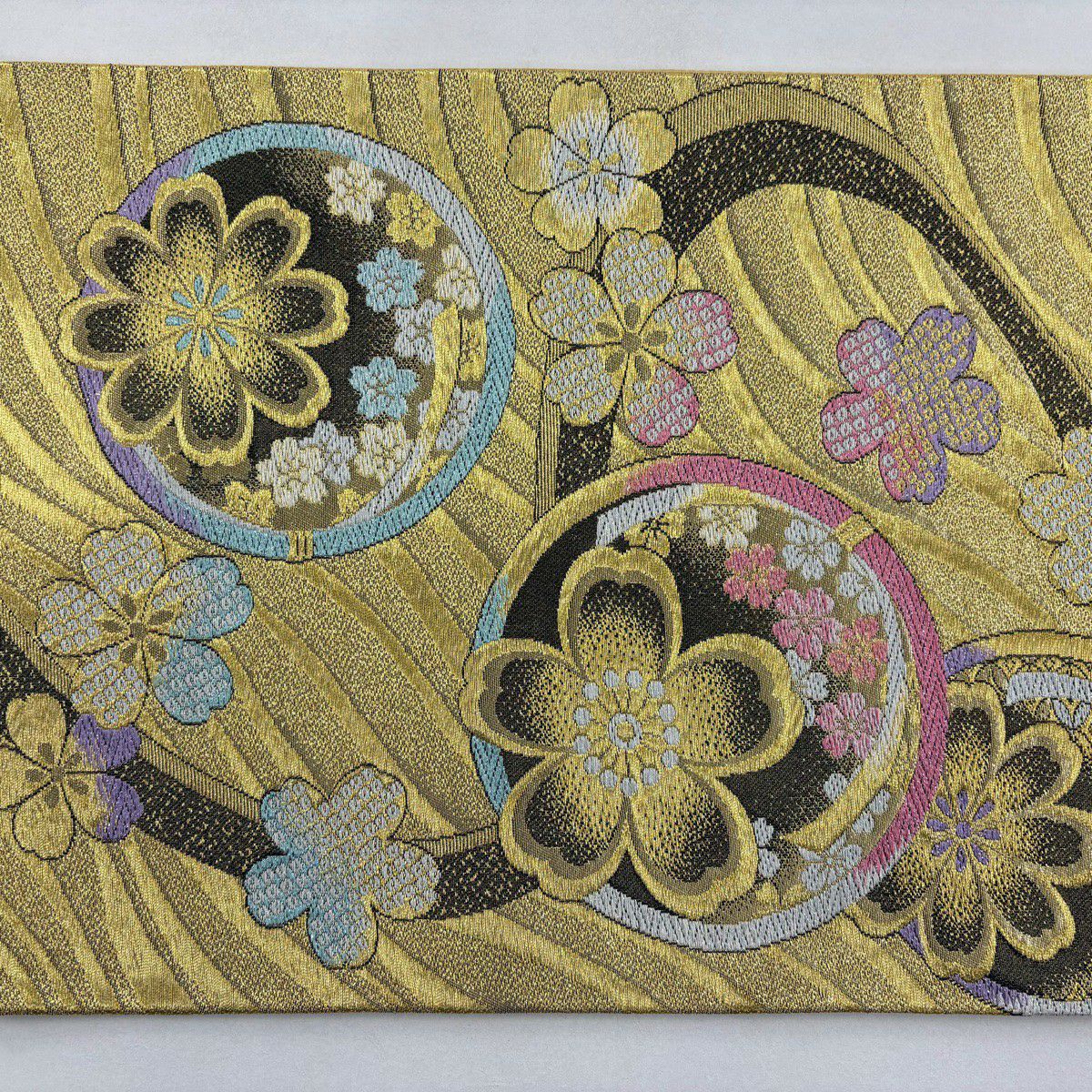 【美品】 袋帶 優品級 振袖禮服禮服用 櫻花 流水 金絲 金金箔 金色 六通 純蠶絲