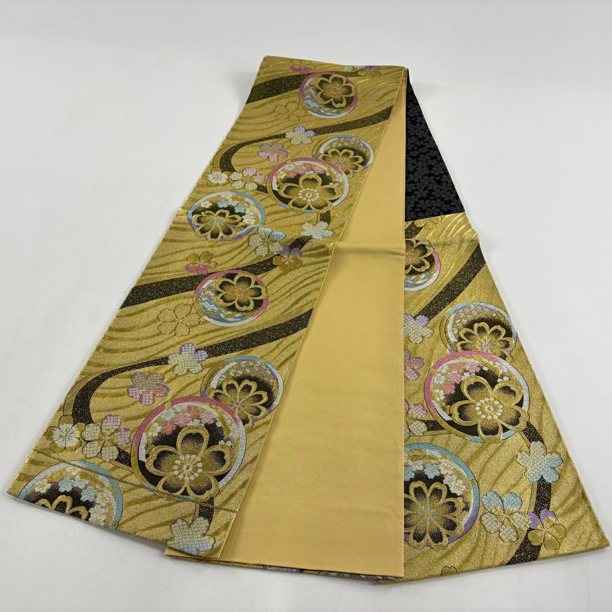 【美品】 袋帶 優品級 振袖禮服禮服用 櫻花 流水 金絲 金金箔 金色 六通 純蠶絲