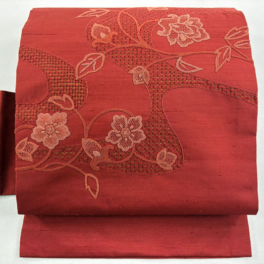 名古屋帶 秀品級 紬織織 草花紋紋 霞 汕頭刺繡 相良刺繡 紅 純蠶絲