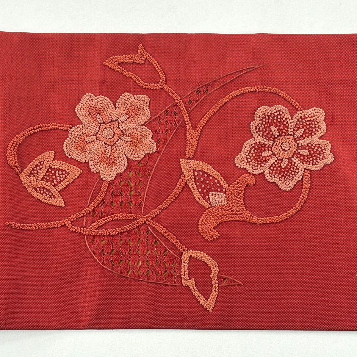 名古屋帶 秀品級 紬織織 草花紋紋 霞 汕頭刺繡 相良刺繡 紅 純蠶絲