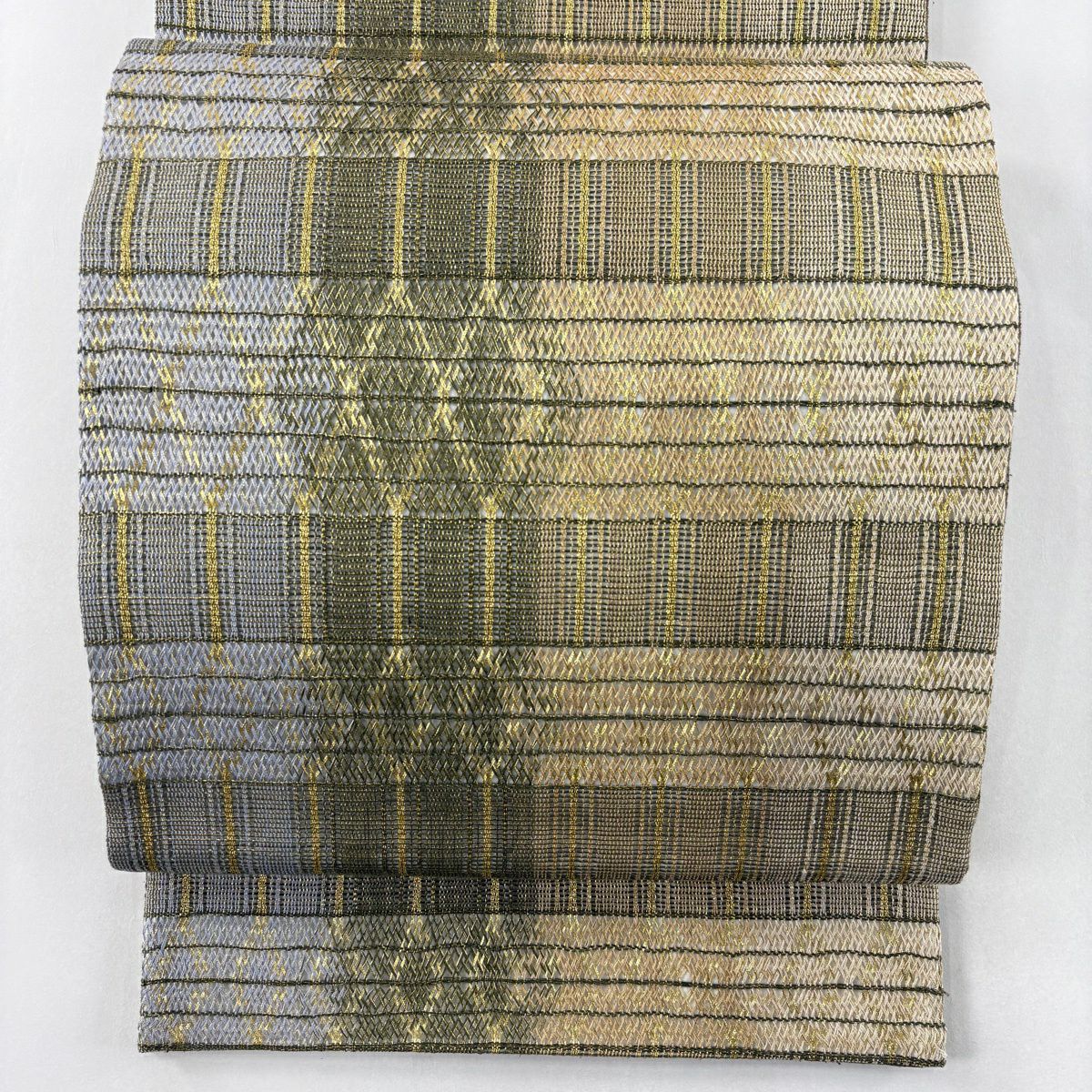 【美品】 袋帶 秀品級 段紋 幾何學 金絲 艾草綠 六通 純蠶絲