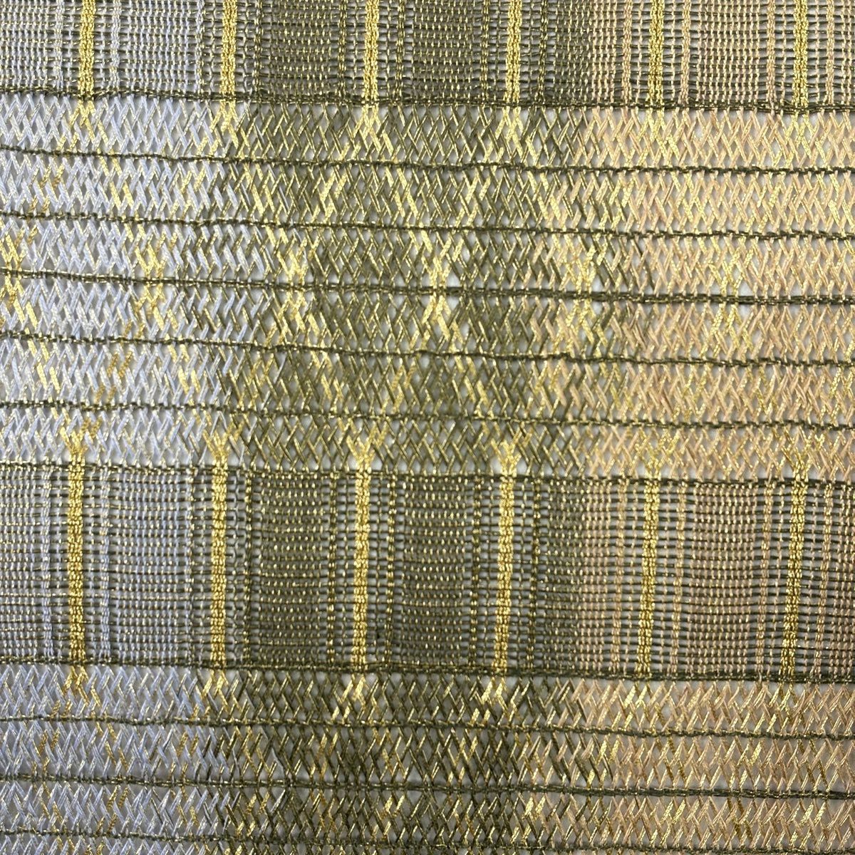 【美品】 袋帶 秀品級 段紋 幾何學 金絲 艾草綠 六通 純蠶絲