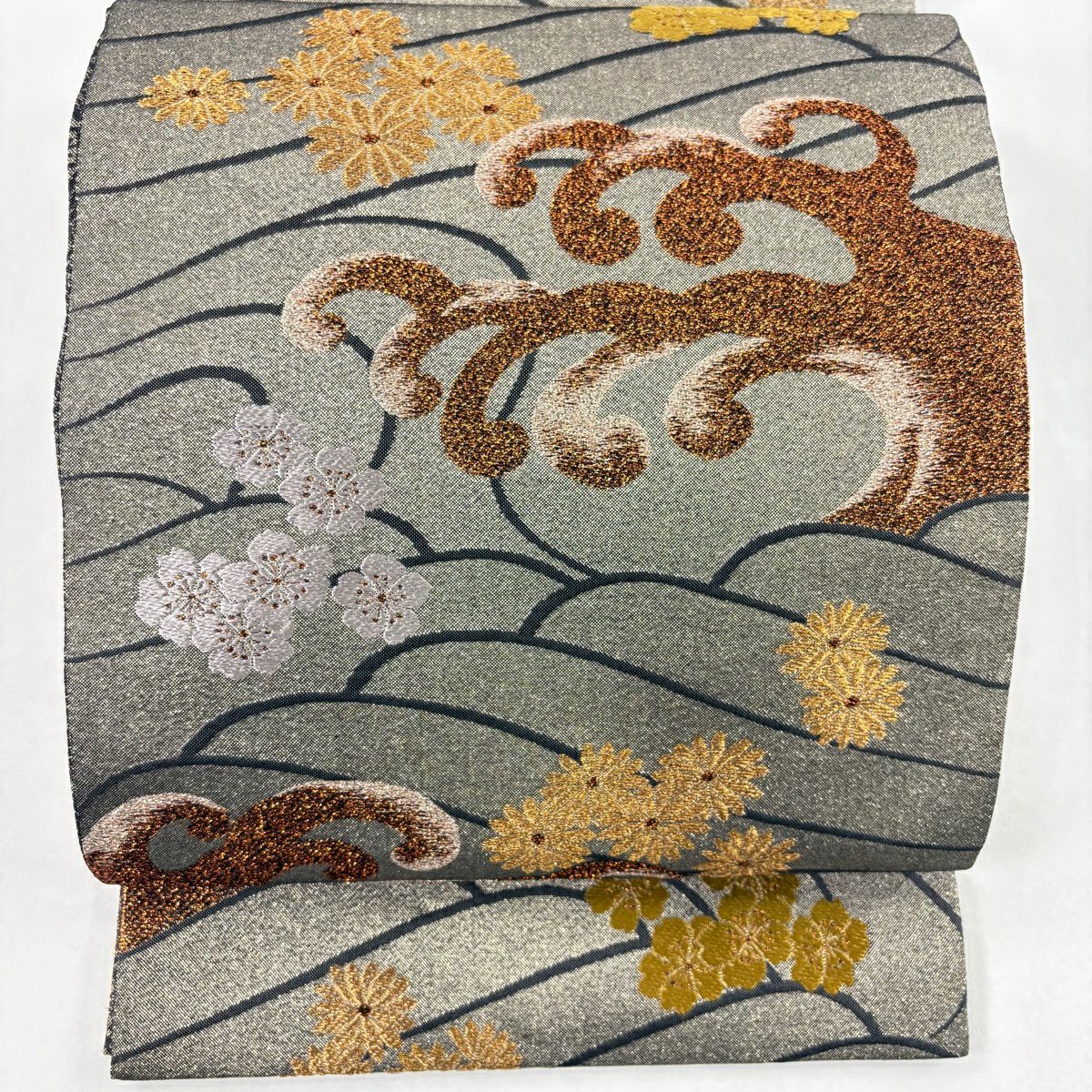 袋帶 秀品級 波頭 花 金金箔 灰 全通 純蠶絲