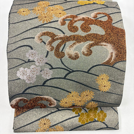 袋帶 秀品級 波頭 花 金金箔 灰 全通 純蠶絲
