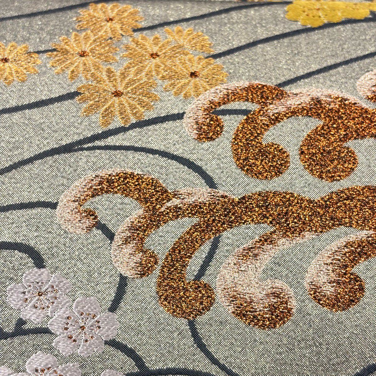 袋帶 秀品級 波頭 花 金金箔 灰 全通 純蠶絲