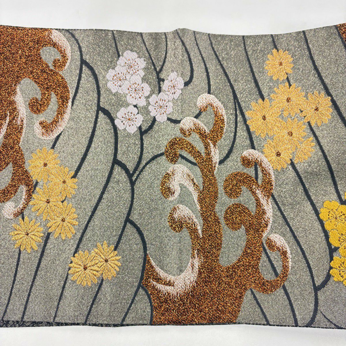 袋帶 秀品級 波頭 花 金金箔 灰 全通 純蠶絲