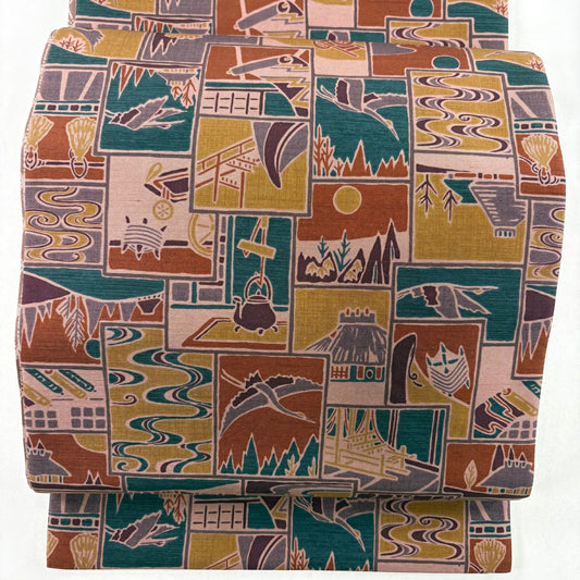 【美品】 袋帶 優品級 紬織織 仙鶴 家屋 紅紫 全通 純蠶絲
