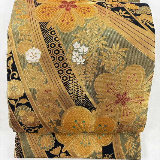 【美品】 袋帶 優品級 振袖禮服禮服用 梅花 草花紋 金絲 金金箔 金色 六通 純蠶絲