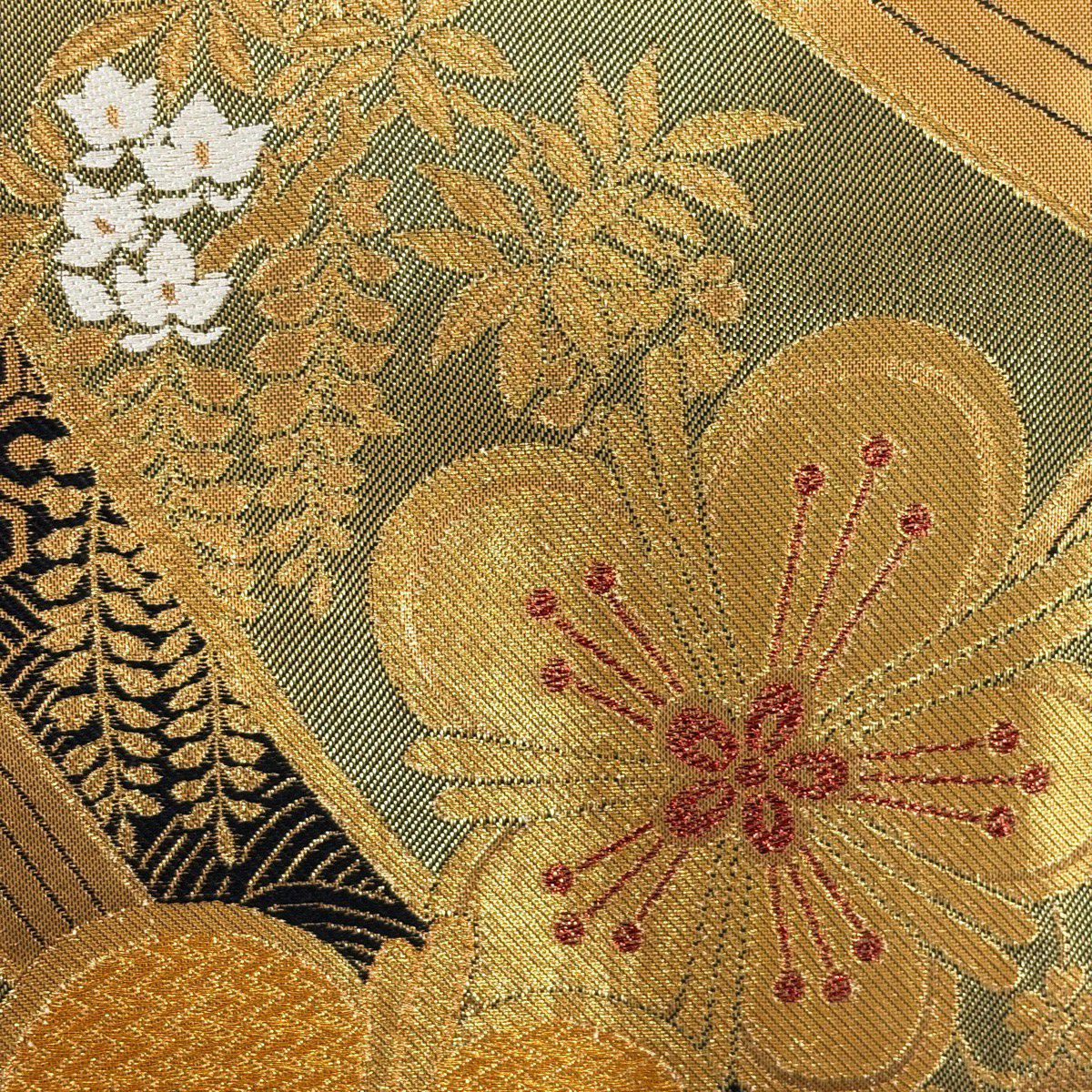 【美品】 袋帶 優品級 振袖禮服禮服用 梅花 草花紋 金絲 金金箔 金色 六通 純蠶絲