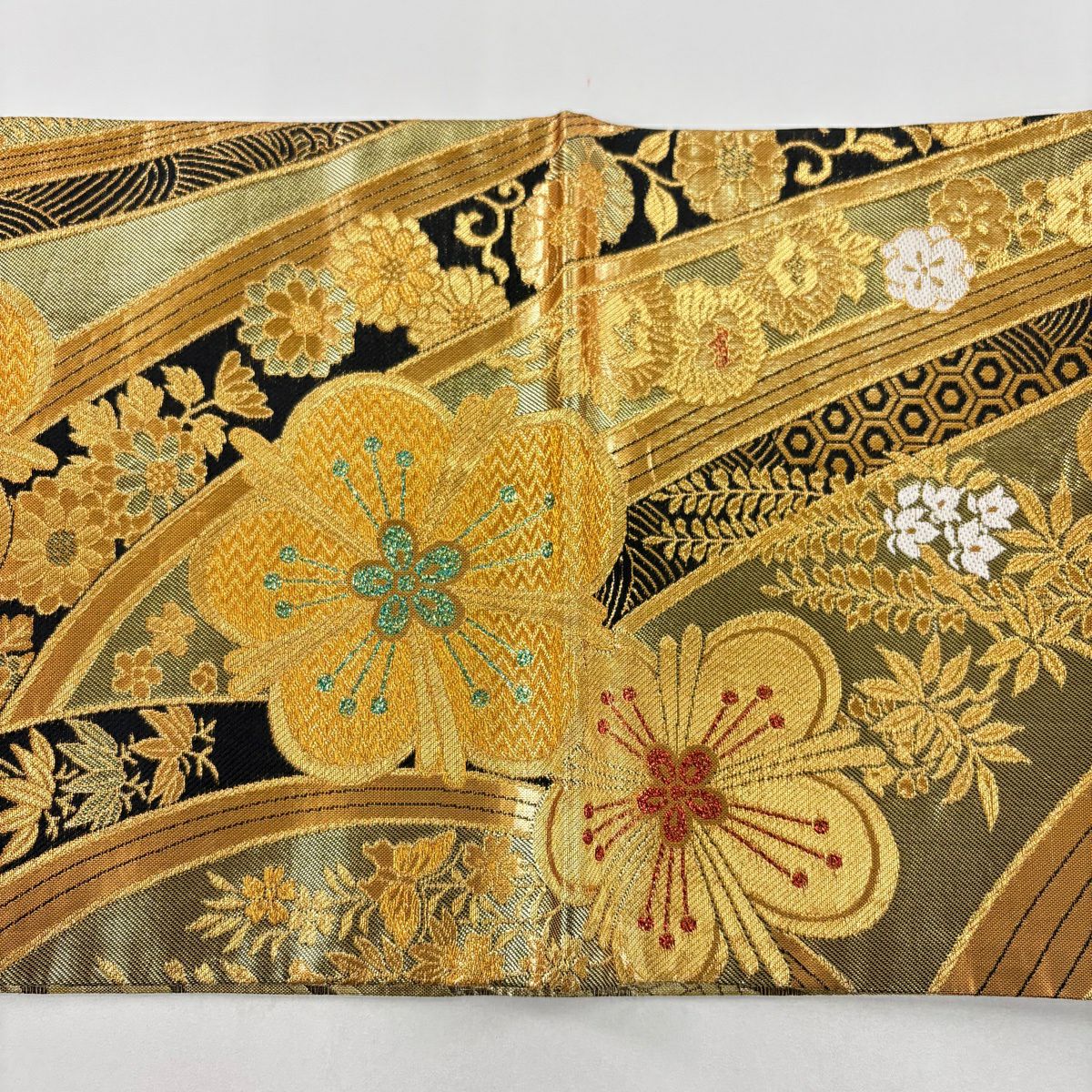 【美品】 袋帶 優品級 振袖禮服禮服用 梅花 草花紋 金絲 金金箔 金色 六通 純蠶絲