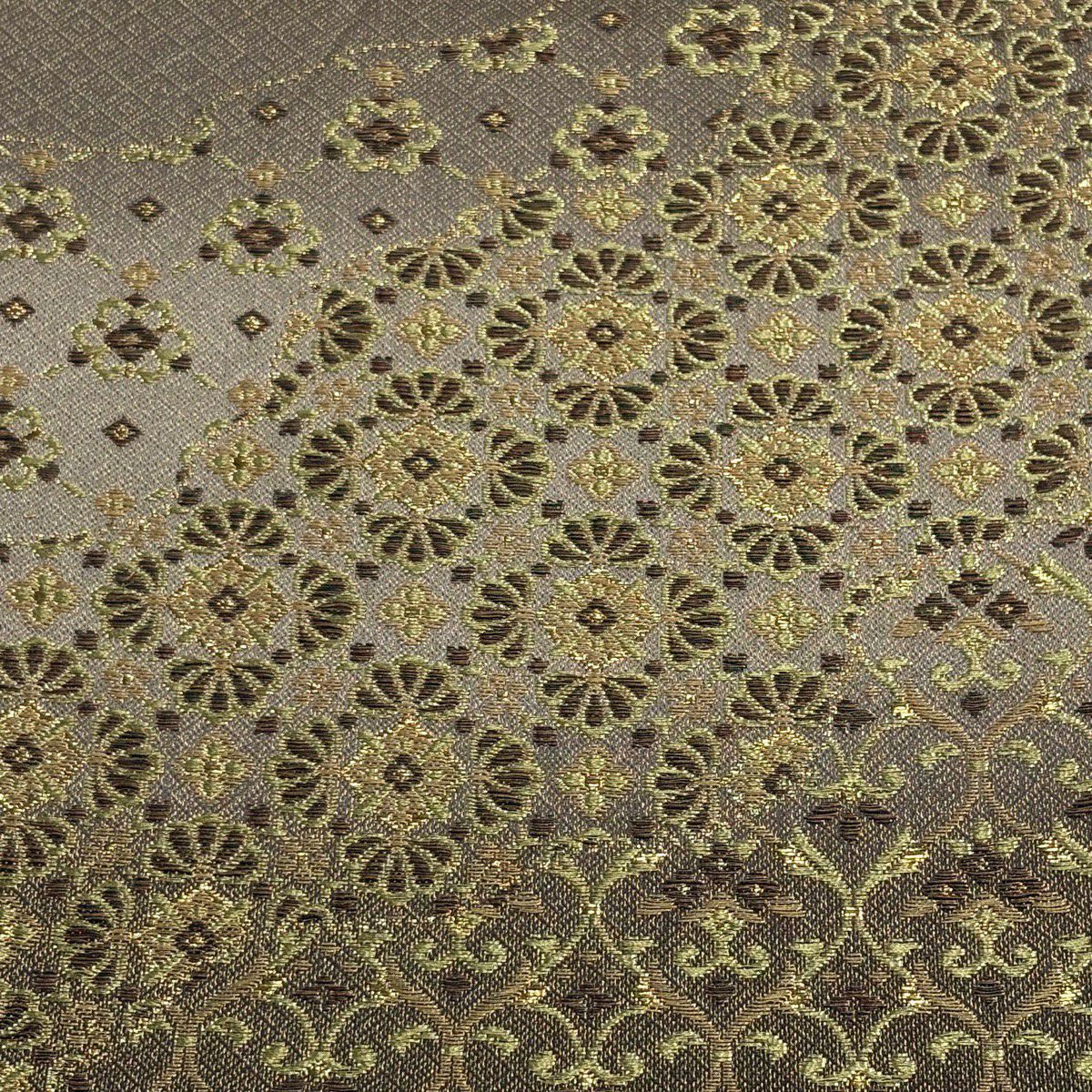【美品】 袋帶 名品級 華紋 花唐草紋 金絲 金金箔 灰茶 六通 純蠶絲