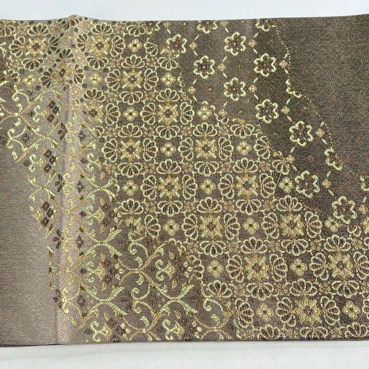 【美品】 袋帶 名品級 華紋 花唐草紋 金絲 金金箔 灰茶 六通 純蠶絲