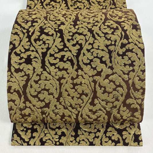 【美品】 袋帶 名品級 唐草紋 金糸 金金箔 茶 六通 純蠶絲