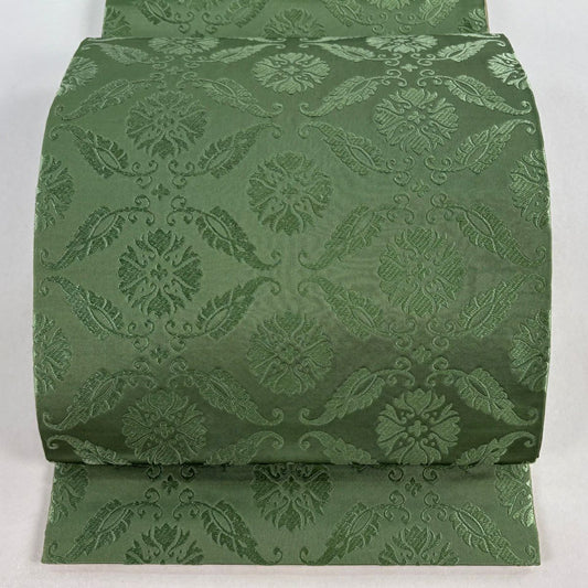 【美品】 袋帶 名品級 川島織物 落款 花 唐草紋 綠 六通 純蠶絲