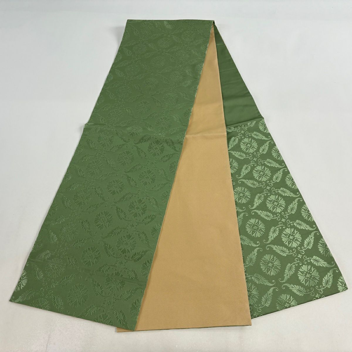 【美品】 袋帶 名品級 川島織物 落款 花 唐草紋 綠 六通 純蠶絲