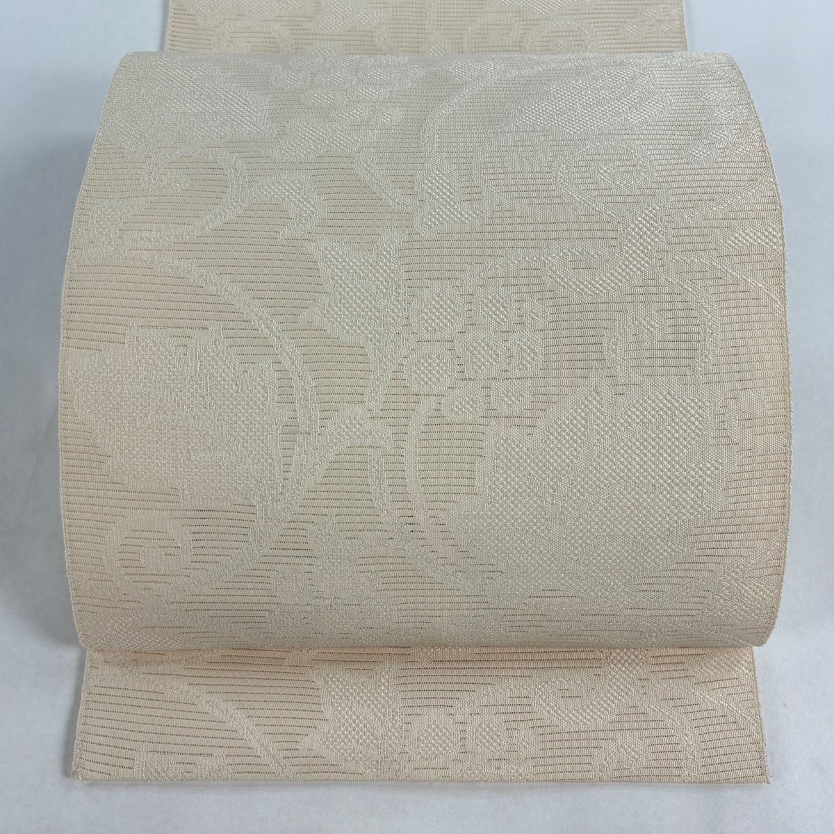 【美品】名古屋帶 名品級 夏帶 絽 八寸名古屋帶 葡萄唐草紋 米色 純蠶絲