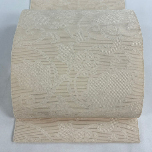 【美品】名古屋帶 名品級 夏帶 絽 八寸名古屋帶 葡萄唐草紋 米色 純蠶絲