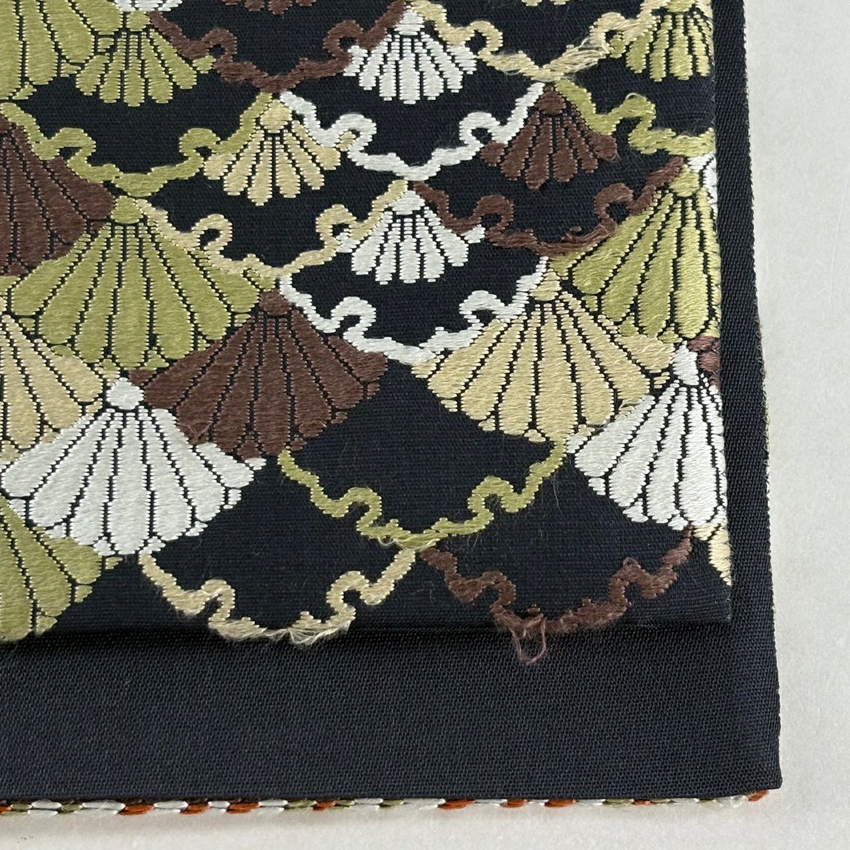 袋帶 名品級 菊花青海波 雪輪青海波 刺繡 墨 黑 六通 純蠶絲