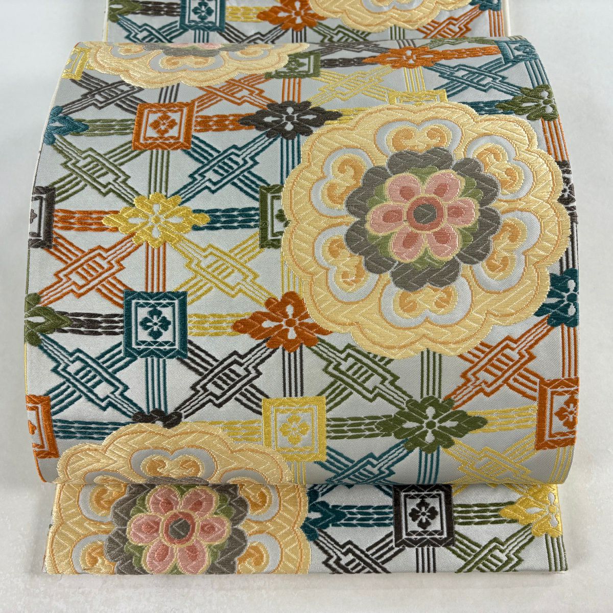 【美品】 袋帶 名品級 華紋 花菱 唐織 金金箔 灰 深藍 六通 純蠶絲