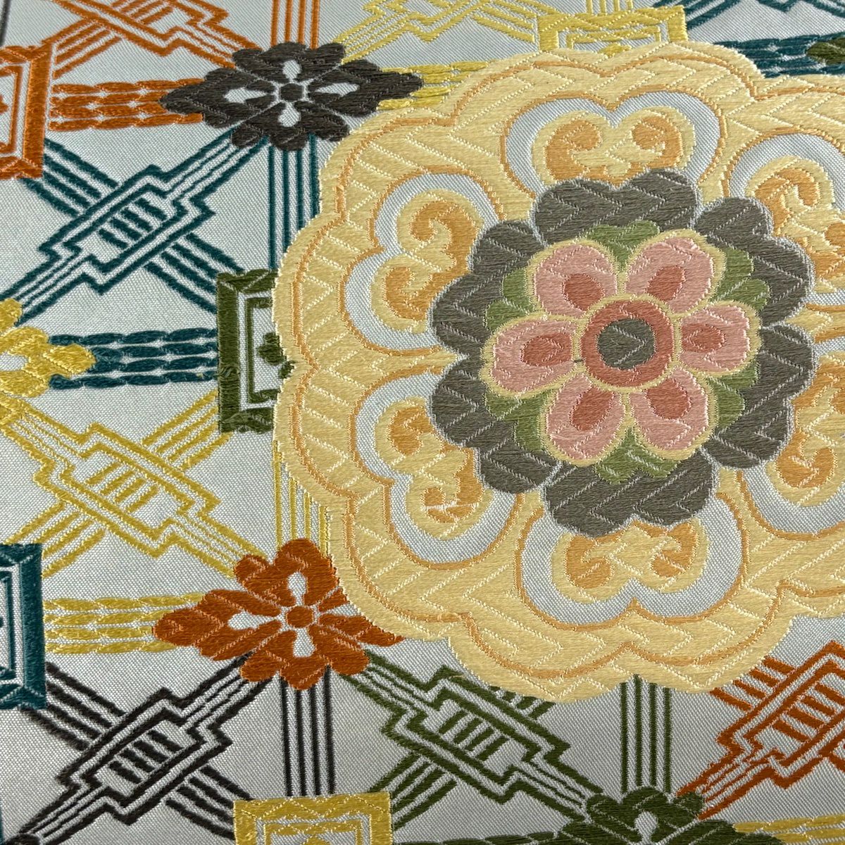 【美品】 袋帶 名品級 華紋 花菱 唐織 金金箔 灰 深藍 六通 純蠶絲