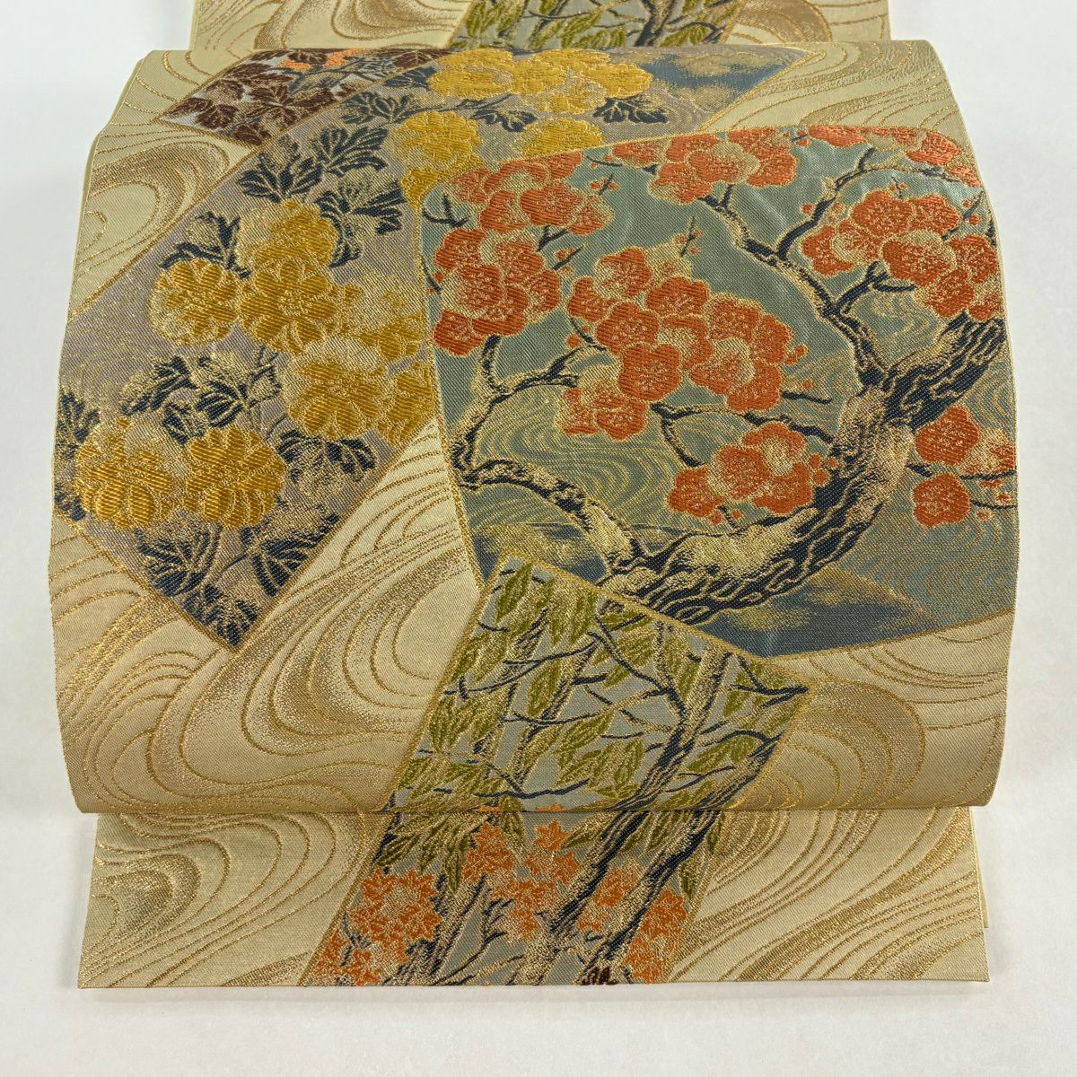 【美品】 袋帶 名品級 川島織物 落款あり 梅花 菊花 金糸 金金箔 米色 六通 純蠶絲
