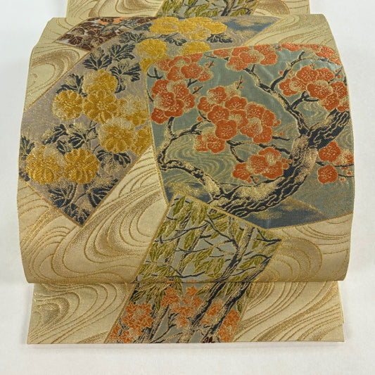 【美品】 袋帶 名品級 川島織物 落款あり 梅花 菊花 金糸 金金箔 米色 六通 純蠶絲