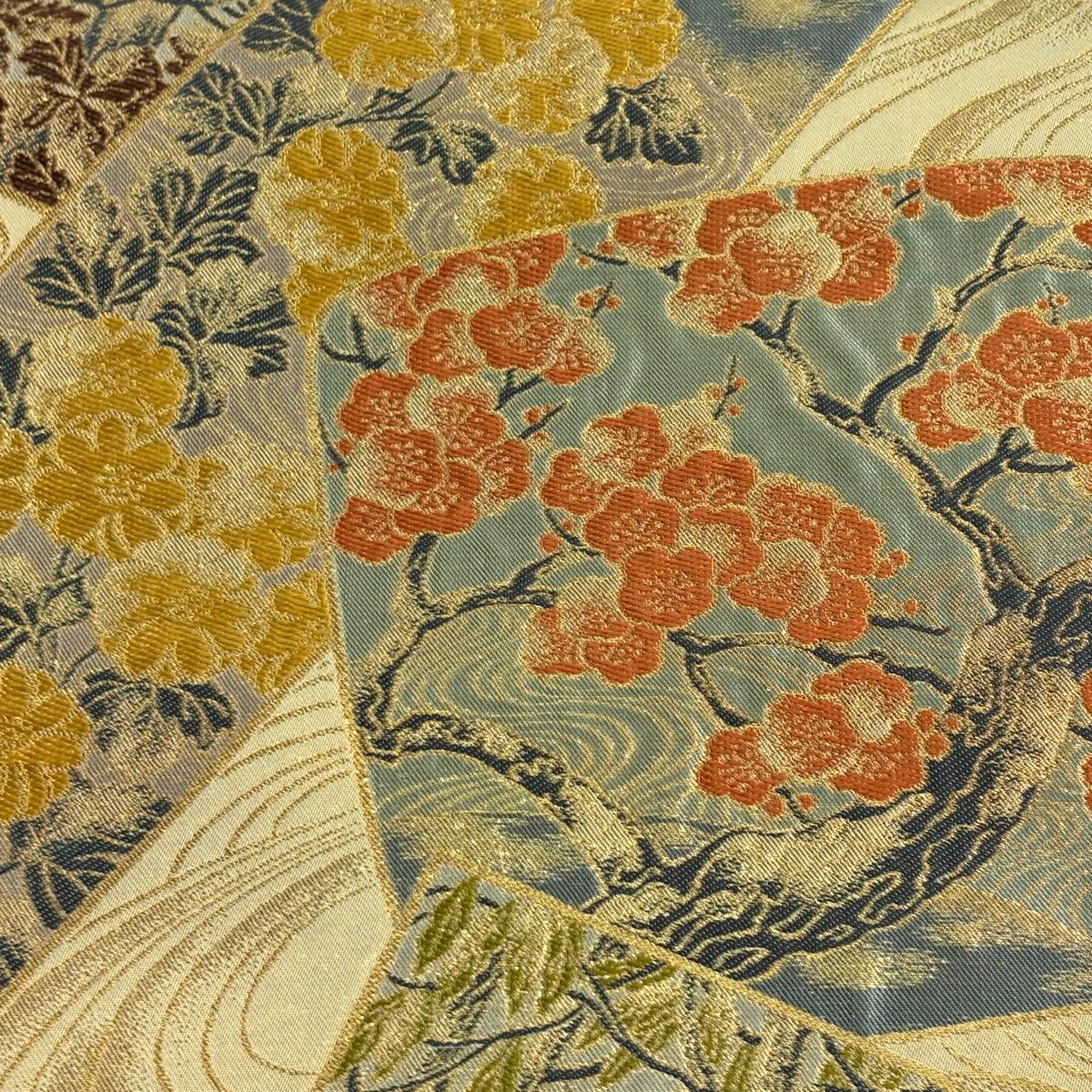 【美品】 袋帶 名品級 川島織物 落款あり 梅花 菊花 金糸 金金箔 米色 六通 純蠶絲