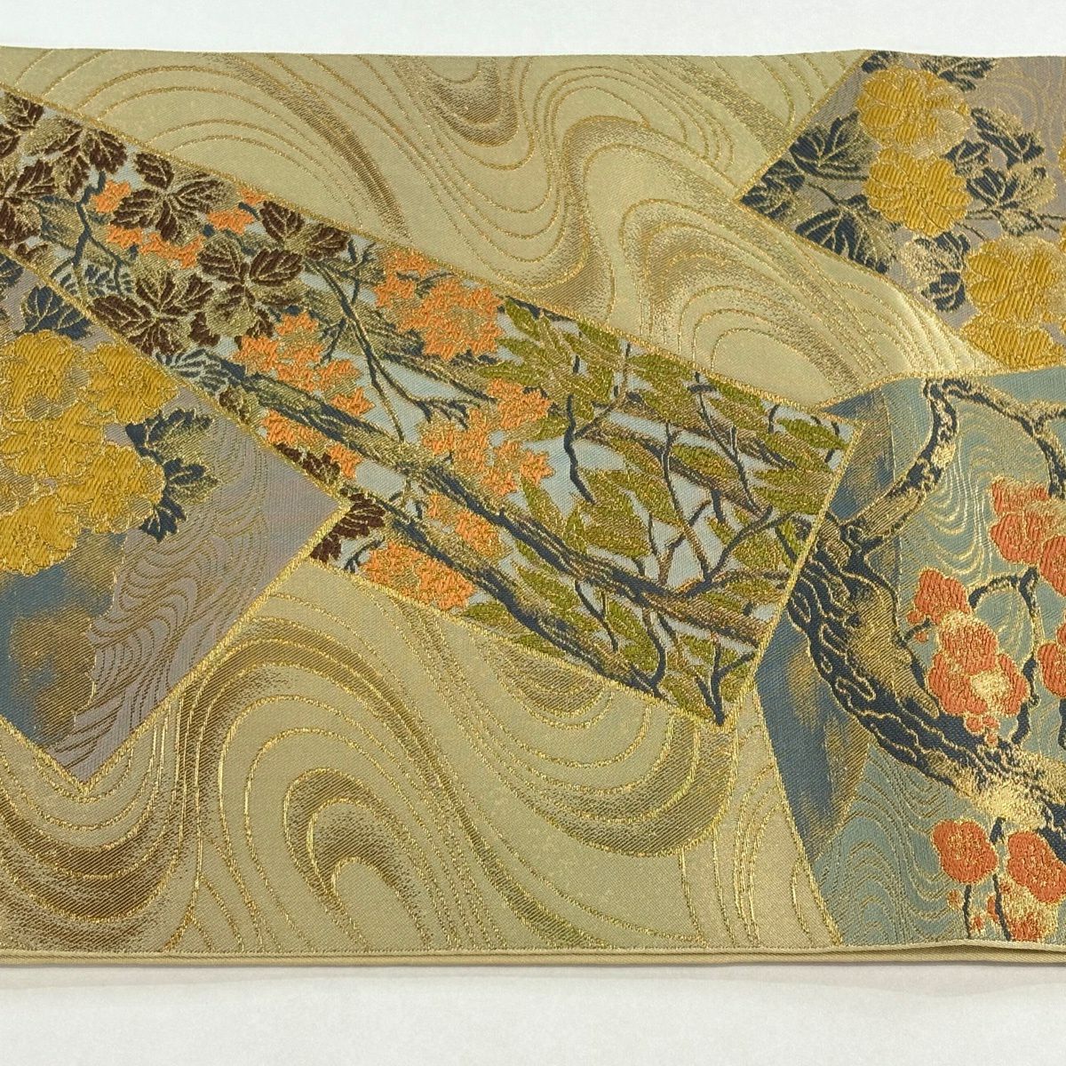 【美品】 袋帶 名品級 川島織物 落款あり 梅花 菊花 金糸 金金箔 米色 六通 純蠶絲