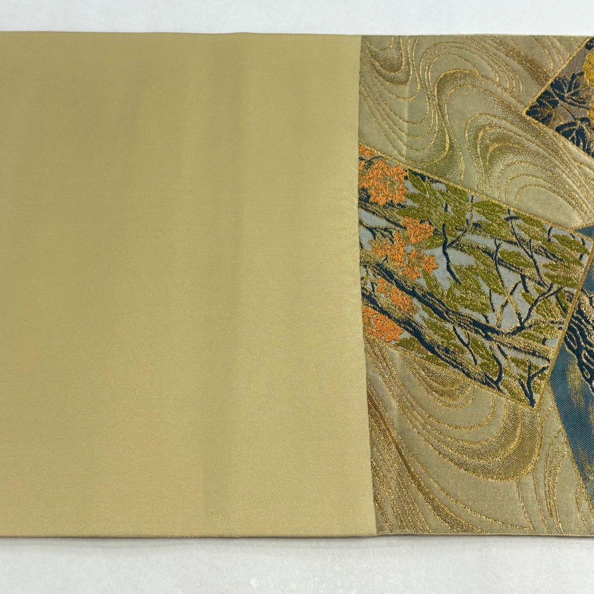 【美品】 袋帶 名品級 川島織物 落款あり 梅花 菊花 金糸 金金箔 米色 六通 純蠶絲