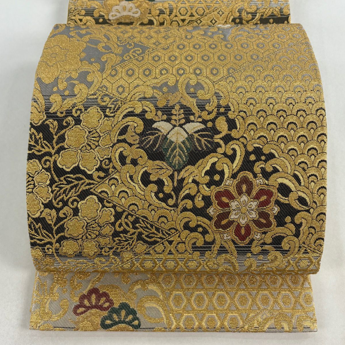 【美品】 袋帶 名品級 華紋 龜甲 金絲 金 六通 純蠶絲