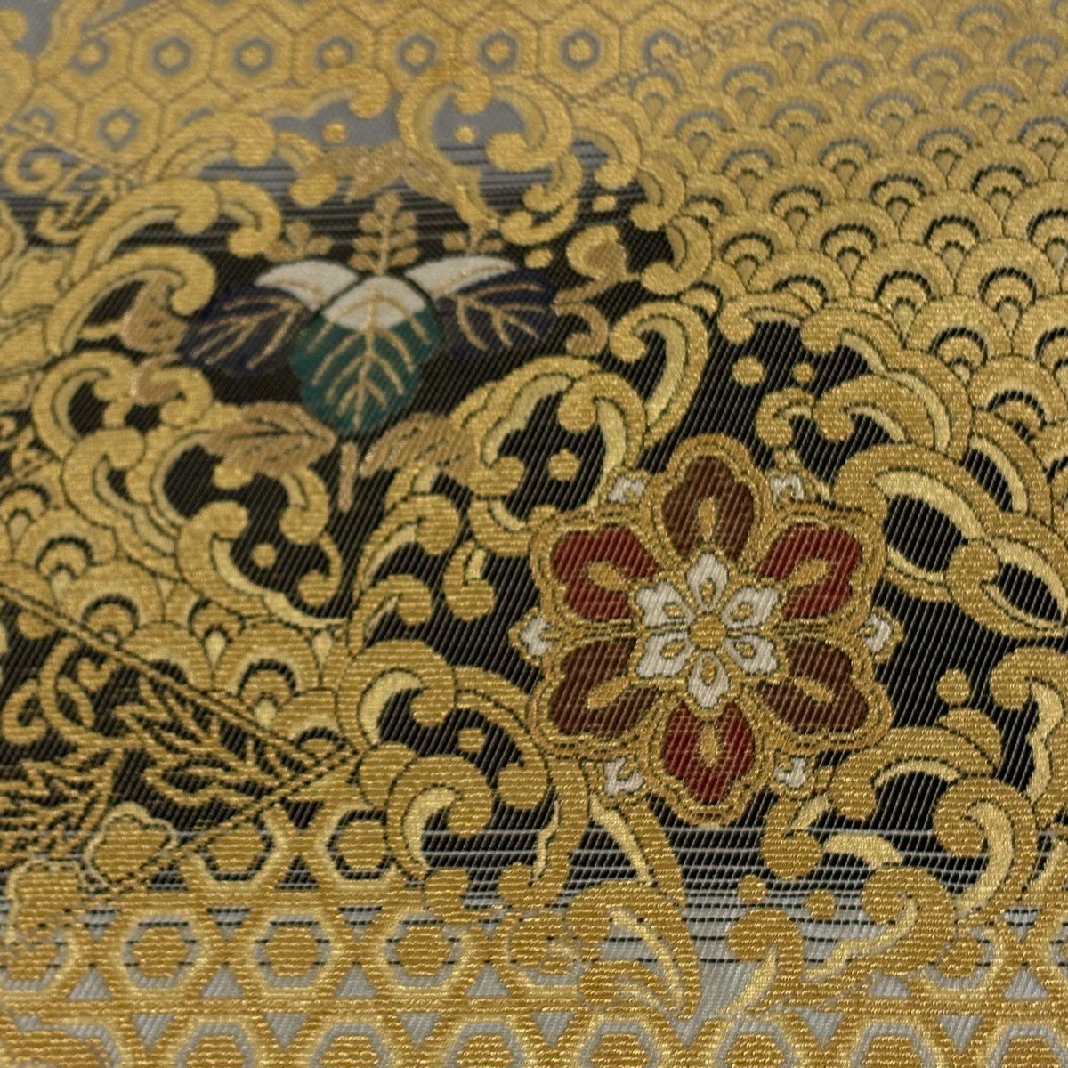 【美品】 袋帶 名品級 華紋 龜甲 金絲 金 六通 純蠶絲
