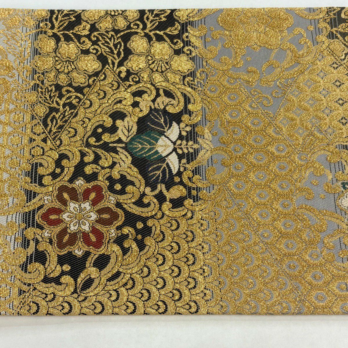 【美品】 袋帶 名品級 華紋 龜甲 金絲 金 六通 純蠶絲