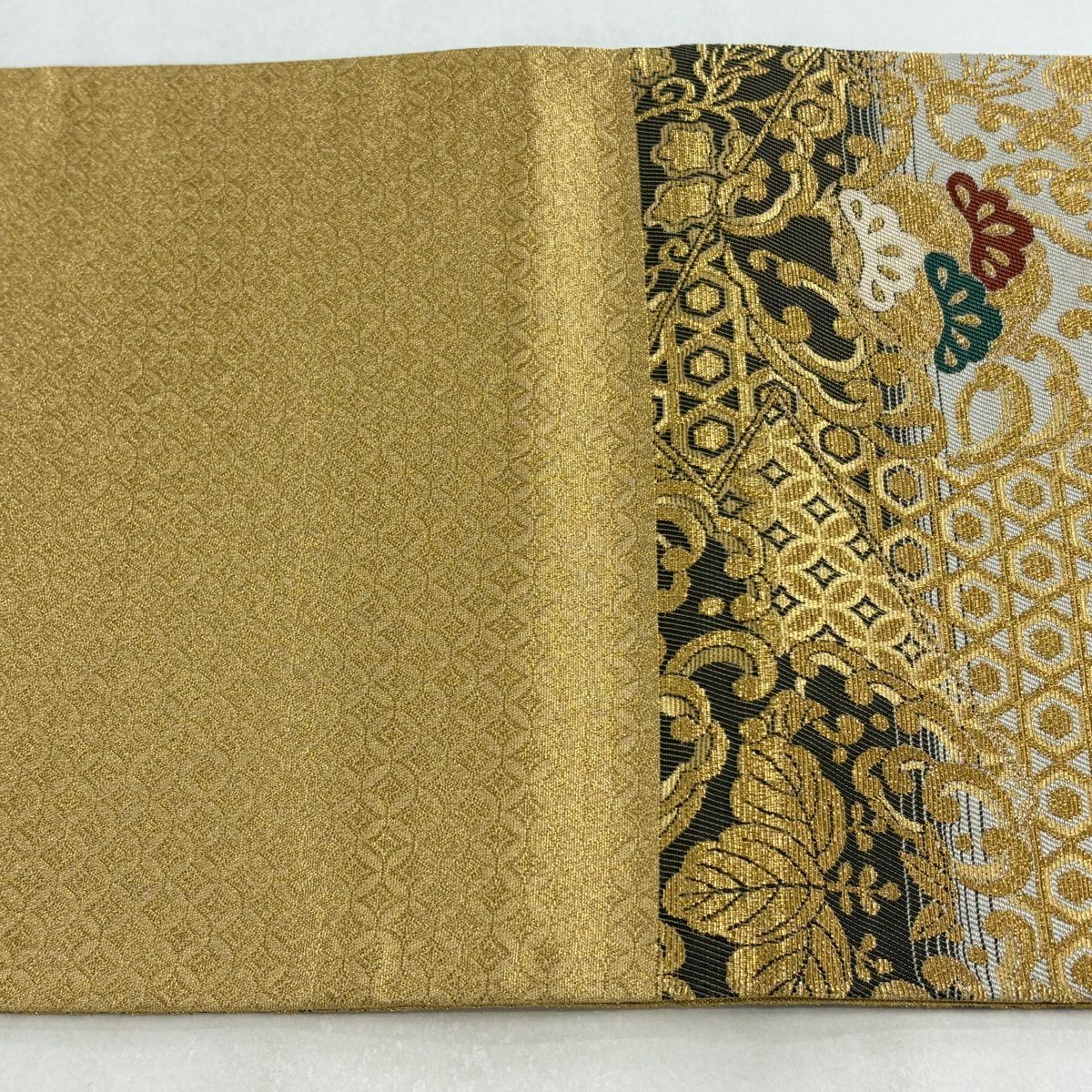 【美品】 袋帶 名品級 華紋 龜甲 金絲 金 六通 純蠶絲