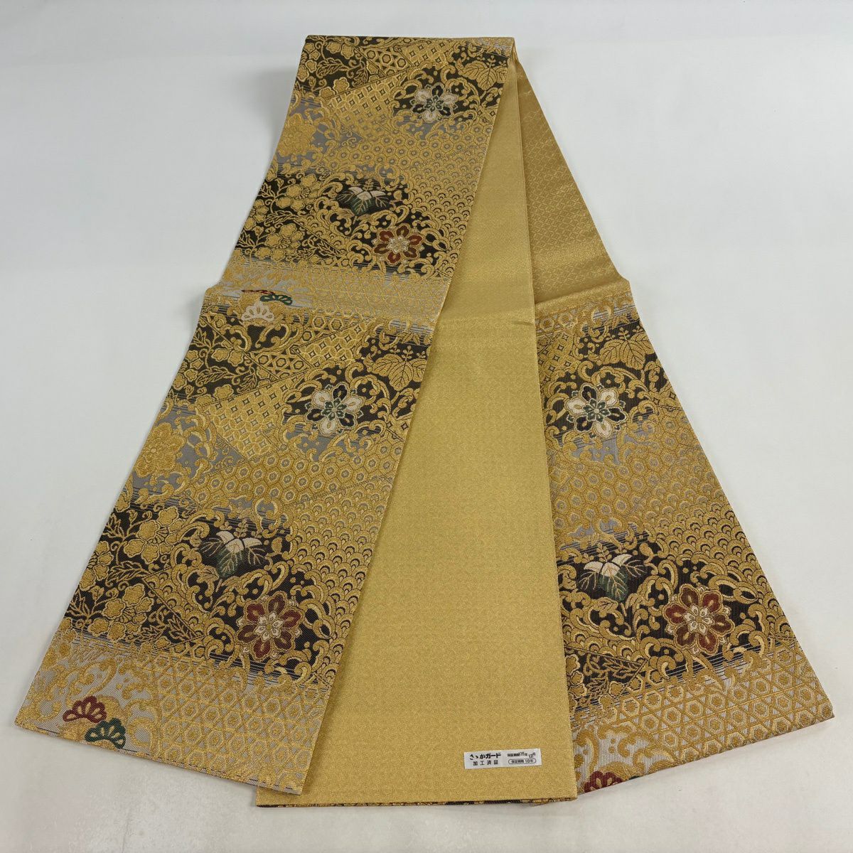 【美品】 袋帶 名品級 華紋 龜甲 金絲 金 六通 純蠶絲