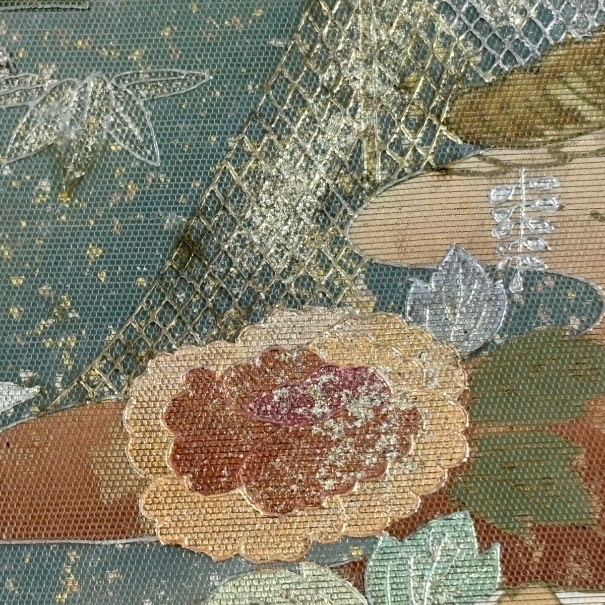 袋帶 名品級 落款 草花紋 霞 金銀糸 金金箔 灰綠 お太鼓柄 純蠶絲