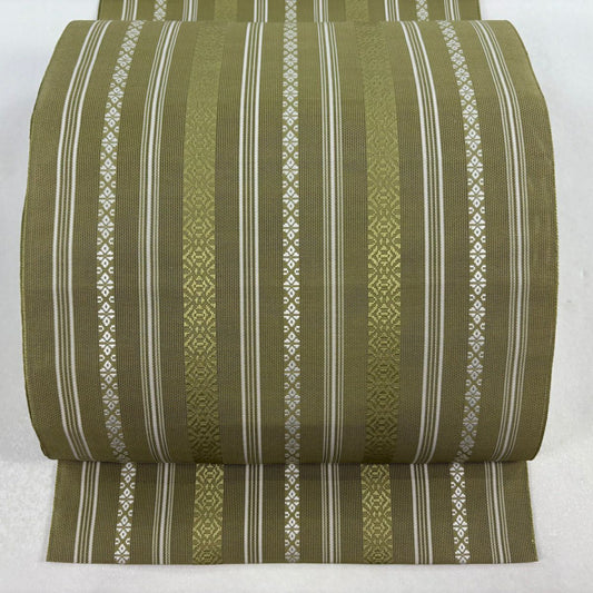 【美品】名古屋帶 名品級 夏帶 松樹葉仕立 八寸名古屋帶 献上圖案 茶綠 純蠶絲