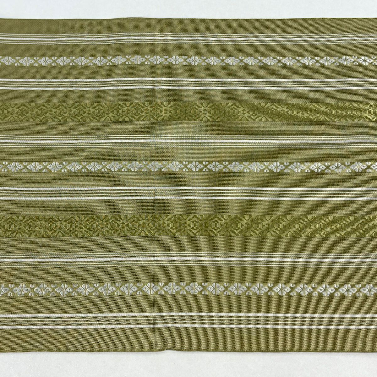 【美品】名古屋帶 名品級 夏帶 松樹葉仕立 八寸名古屋帶 献上圖案 茶綠 純蠶絲