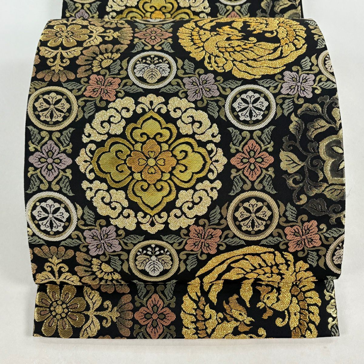 【美品】 袋帶 名品級 華紋 鳳凰 金糸 金金箔 黑 六通 純蠶絲